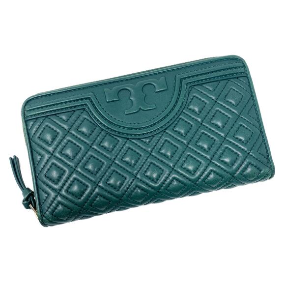 Tory Burch Jewel Tone Green Leather Zip Around Wallet Many Card Slots VGUC - Picture 1 of 8